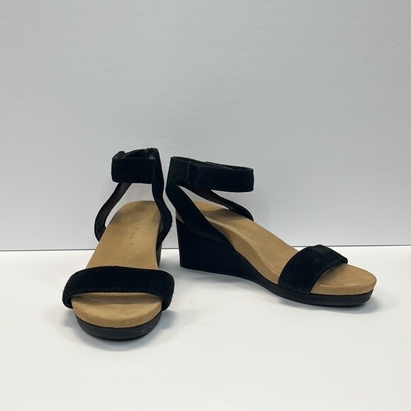 Lucky Brand Kanoa Sandals 7.5 Womens Black Tan Wedge Strappy Leather Open Toe - Picture 1 of 15